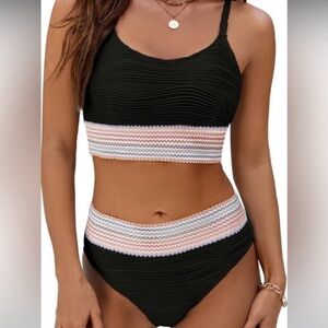 ~High Waisted Bikini Set Two Piece Swimsuit Scoop Neck Textured High Cut~